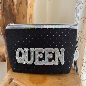 Black Polka Dot Cosmetic Bag with 'QUEEN' Rhinestone Embellishment